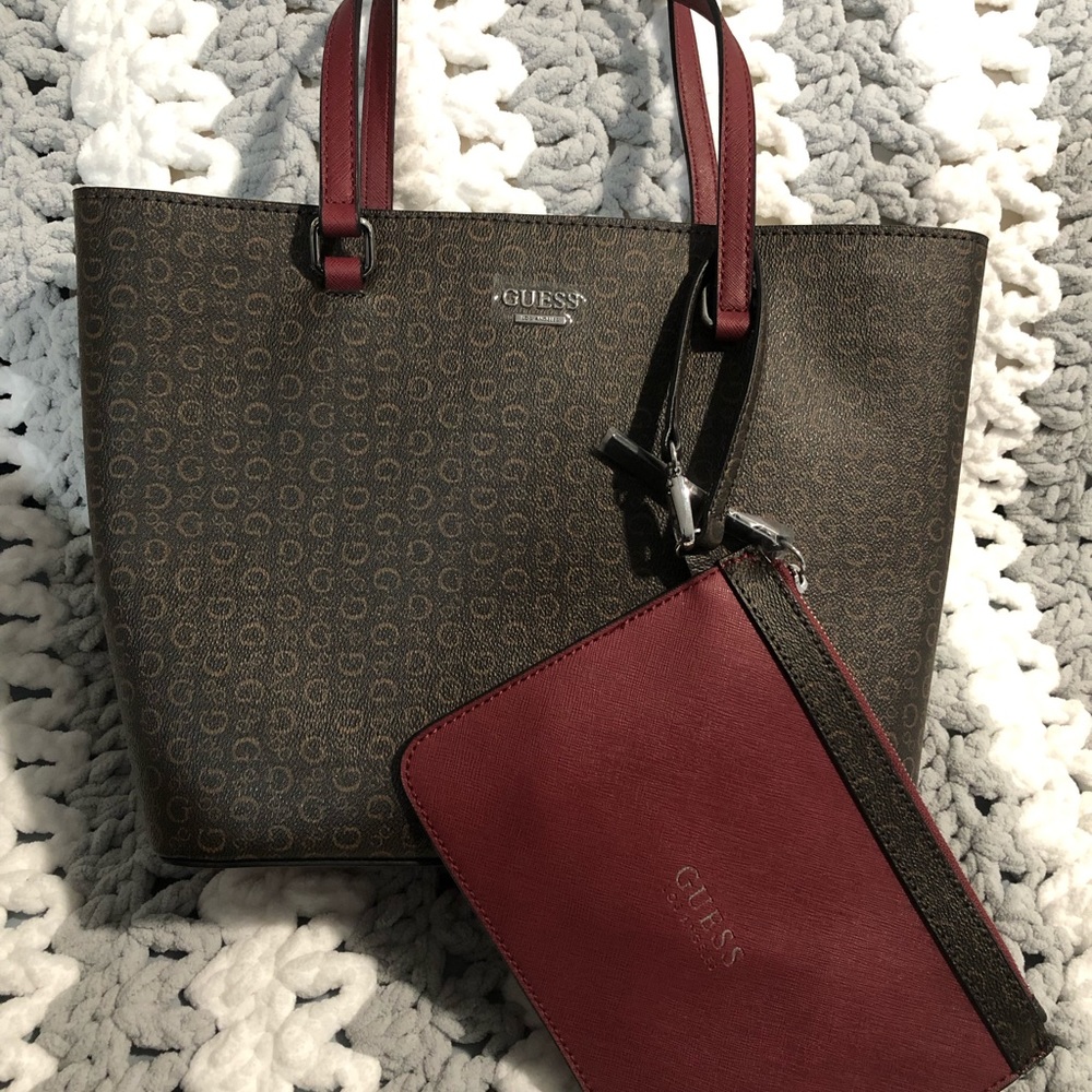 Brown & Maroon GUESS purse with wallet